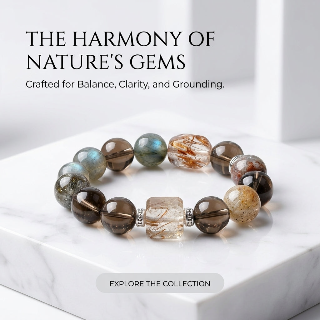 Natural Super Seven Crystal Bracelet, Chunky Smoky Quartz & Four Seasons Phantom Quartz Healing Jewelry, Root Chakra Abundance Wristlet