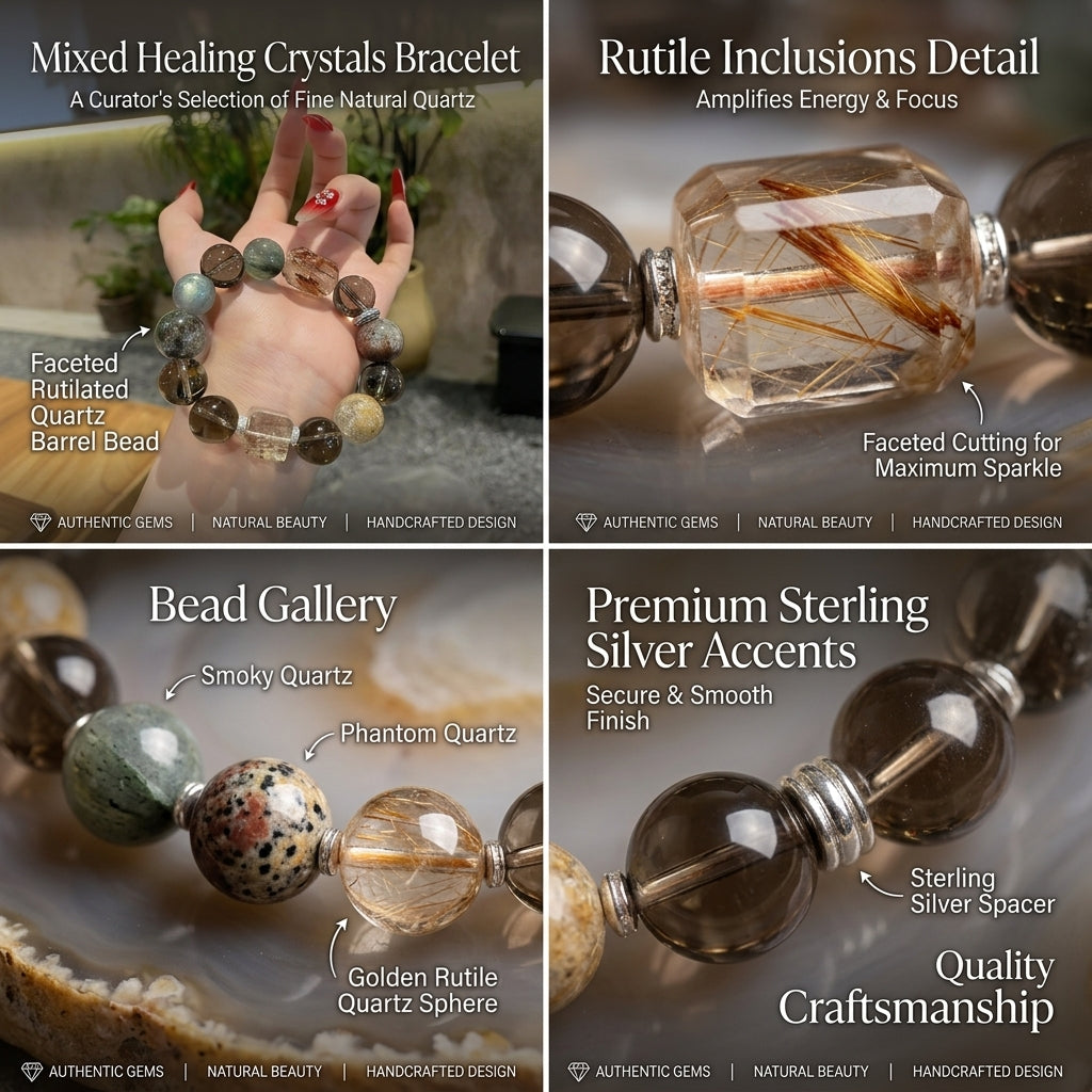 Natural Super Seven Crystal Bracelet, Chunky Smoky Quartz & Four Seasons Phantom Quartz Healing Jewelry, Root Chakra Abundance Wristlet