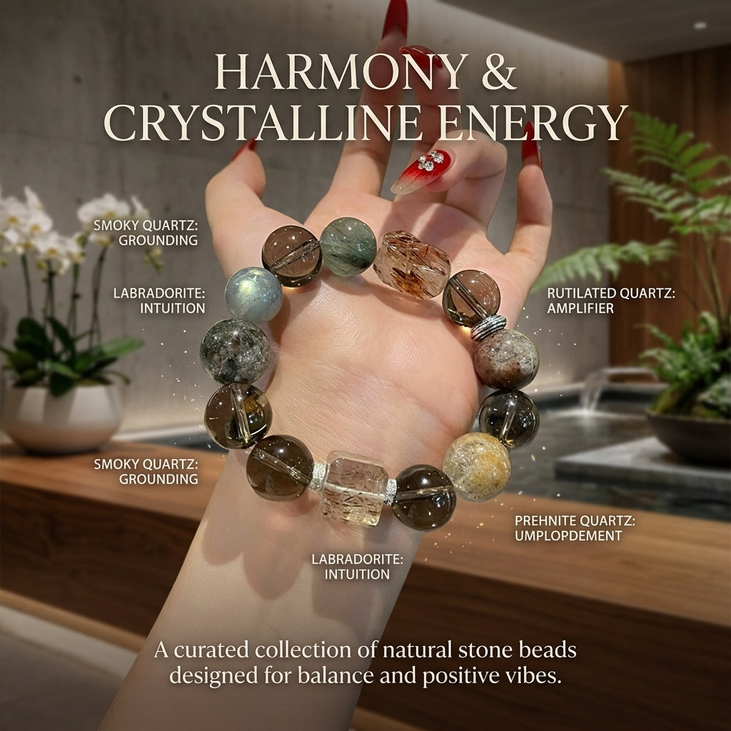 Natural Super Seven Crystal Bracelet, Chunky Smoky Quartz & Four Seasons Phantom Quartz Healing Jewelry, Root Chakra Abundance Wristlet