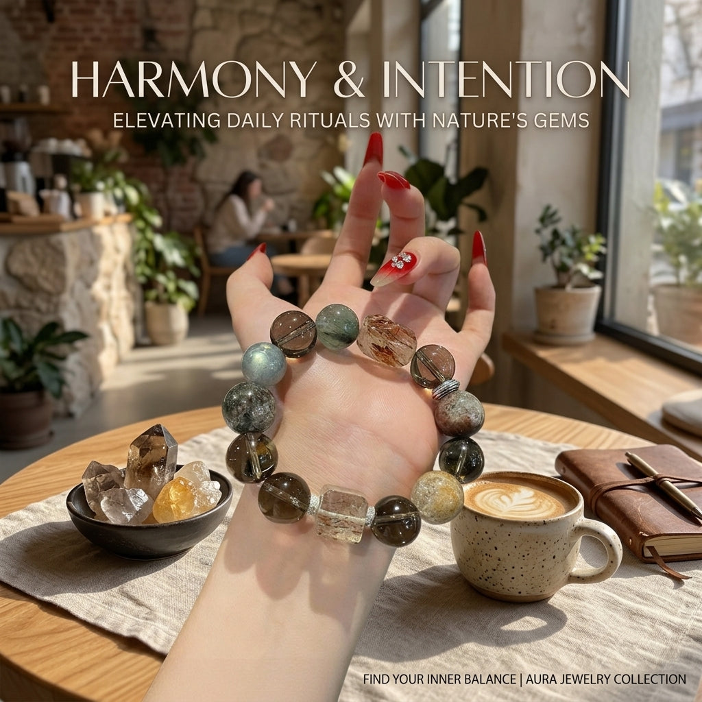 Natural Super Seven Crystal Bracelet, Chunky Smoky Quartz & Four Seasons Phantom Quartz Healing Jewelry, Root Chakra Abundance Wristlet