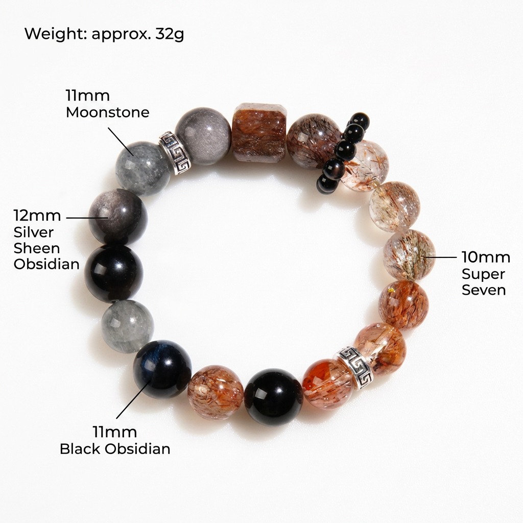 Natural Super Seven Crystal Bracelet, Black Obsidian Silver Sheen Grey Moonstone Chunky Jewelry, Root Chakra Healing Wristlet for Men & Women