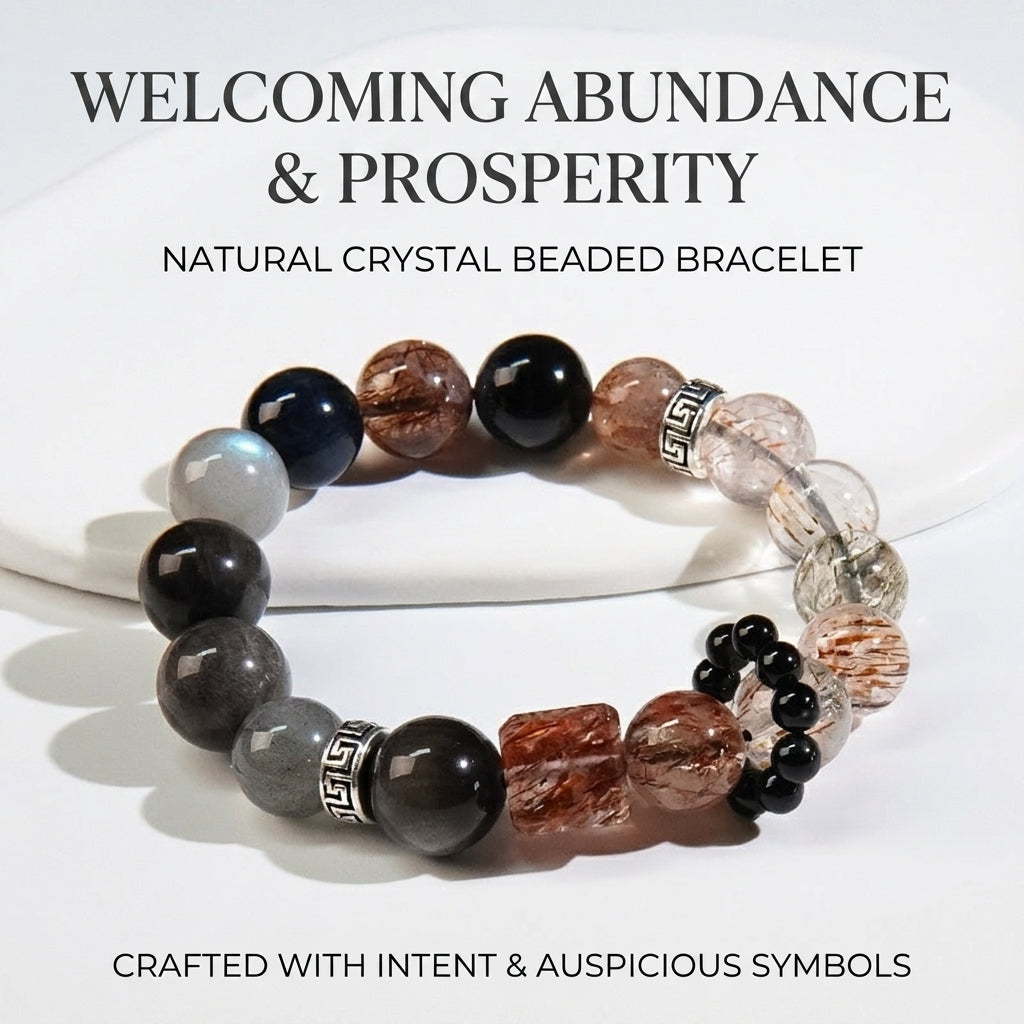 Natural Super Seven Crystal Bracelet, Black Obsidian Silver Sheen Grey Moonstone Chunky Jewelry, Root Chakra Healing Wristlet for Men & Women