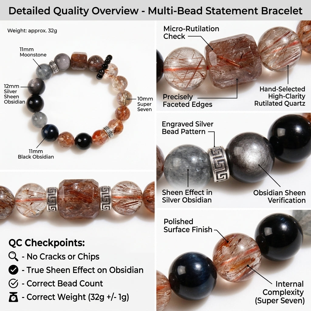 Natural Super Seven Crystal Bracelet, Black Obsidian Silver Sheen Grey Moonstone Chunky Jewelry, Root Chakra Healing Wristlet for Men & Women