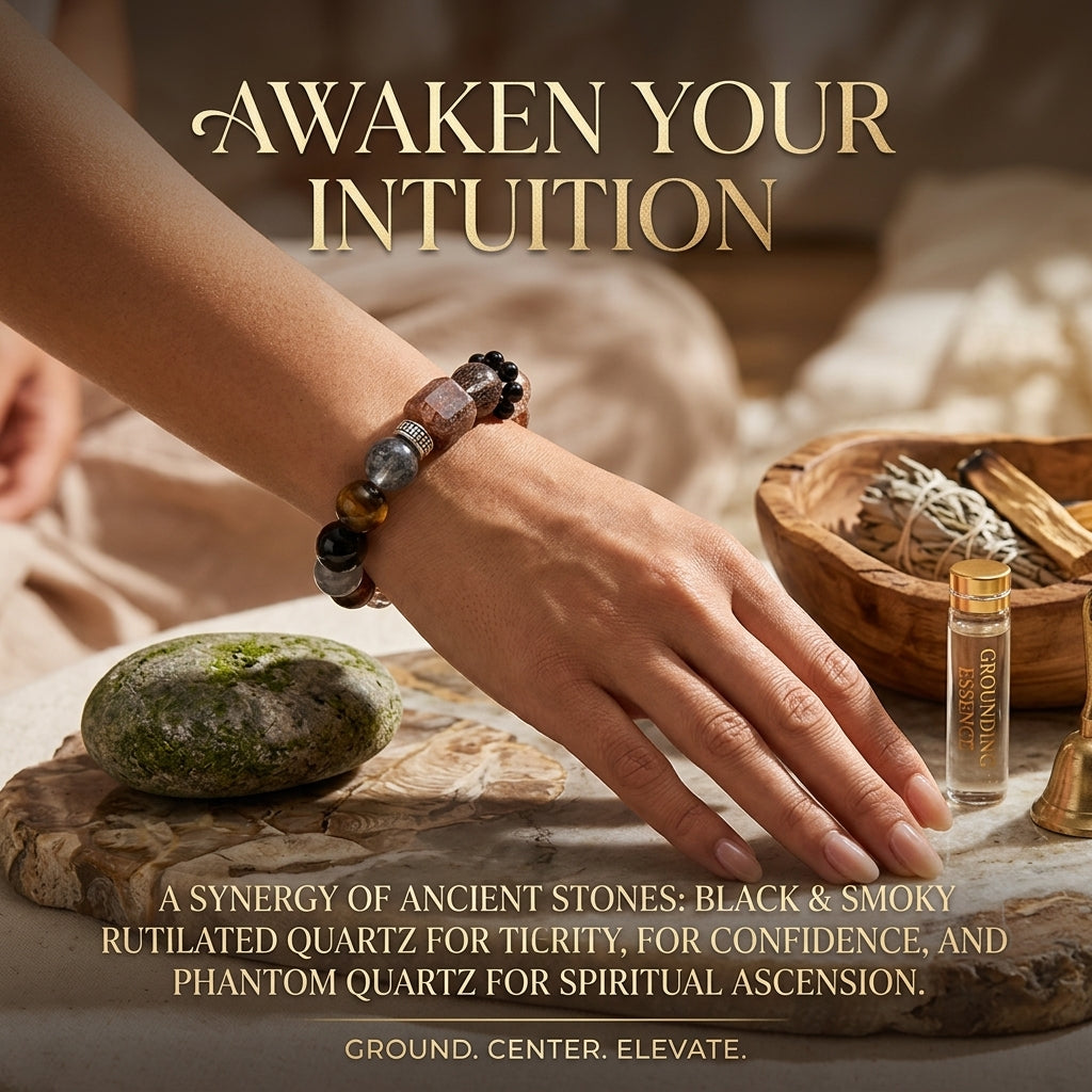 Natural Super Seven Crystal Bracelet, Black Obsidian Silver Sheen Grey Moonstone Chunky Jewelry, Root Chakra Healing Wristlet for Men & Women