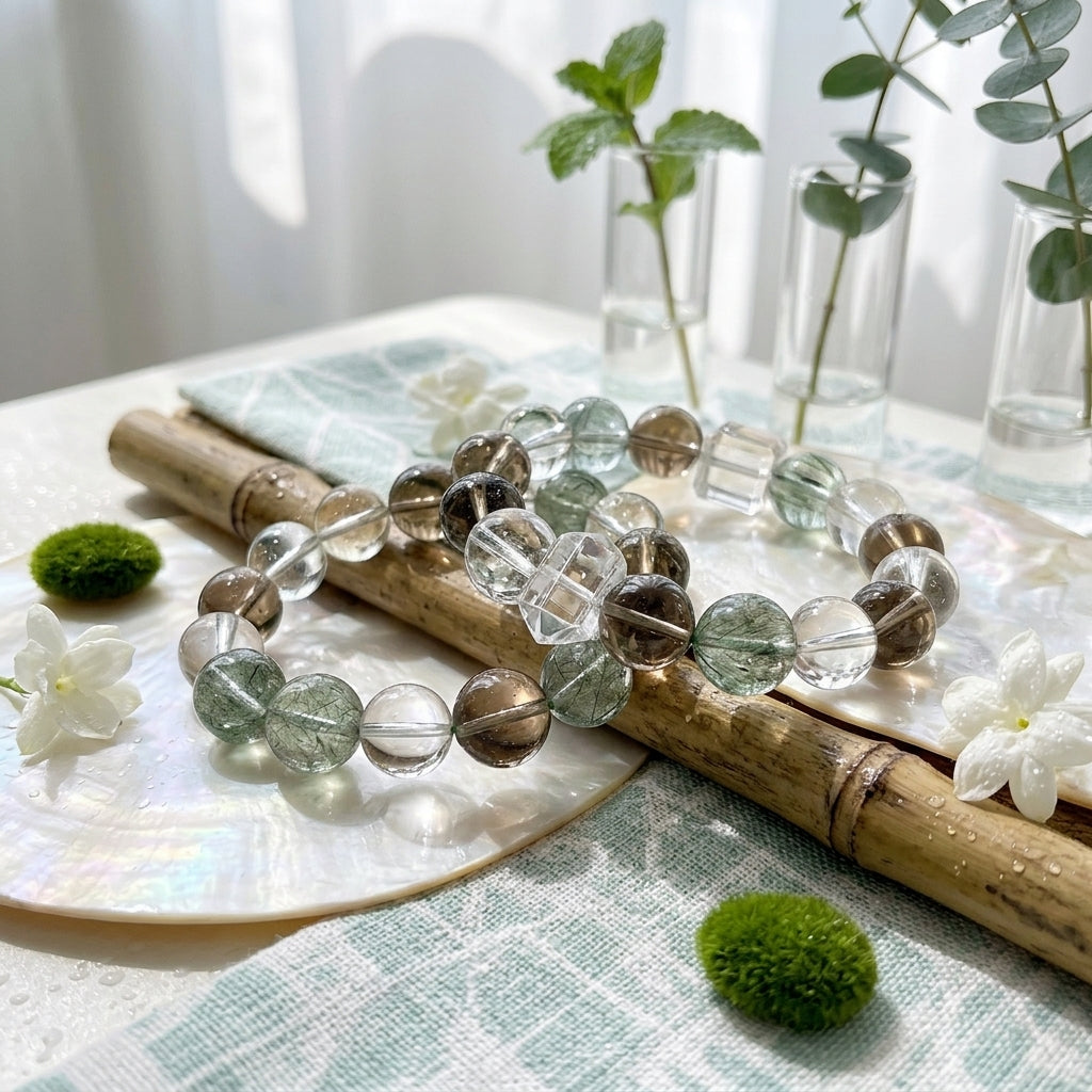 12mm-Natural Green Rutilated Quartz Crystal Bracelet, Smoky & Clear Quartz Gemstone, Grounding & Wealth Manifestation Talisman