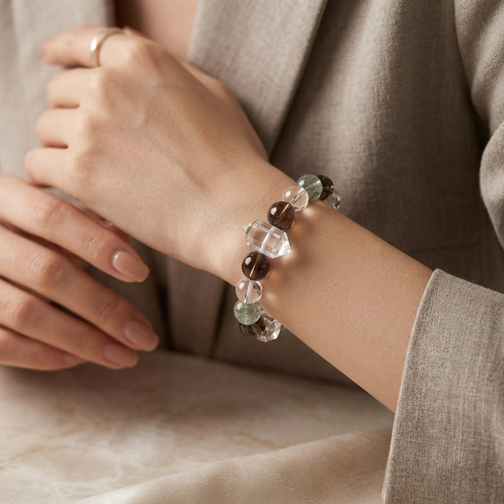 12mm-Natural Green Rutilated Quartz Crystal Bracelet, Smoky & Clear Quartz Gemstone, Grounding & Wealth Manifestation Talisman