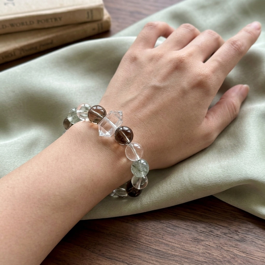 12mm-Natural Green Rutilated Quartz Crystal Bracelet, Smoky & Clear Quartz Gemstone, Grounding & Wealth Manifestation Talisman