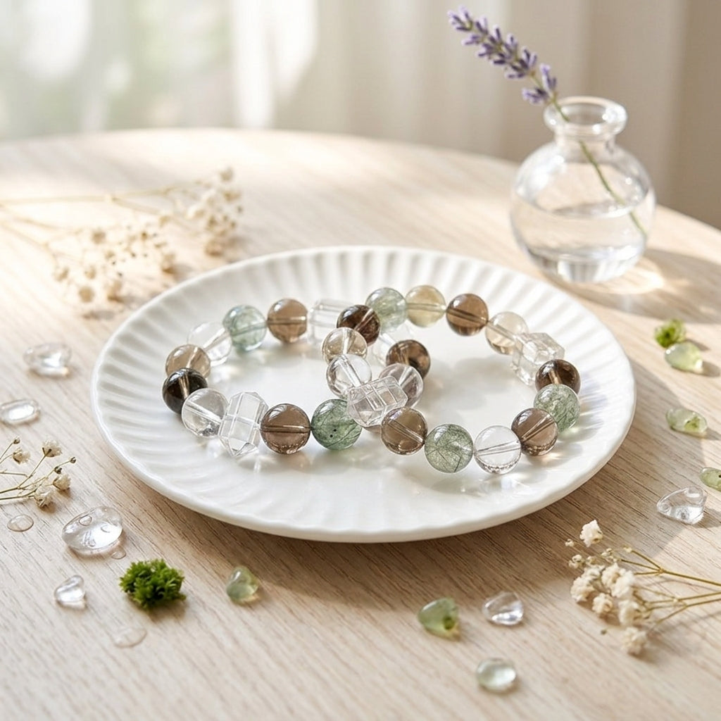 12mm-Natural Green Rutilated Quartz Crystal Bracelet, Smoky & Clear Quartz Gemstone, Grounding & Wealth Manifestation Talisman