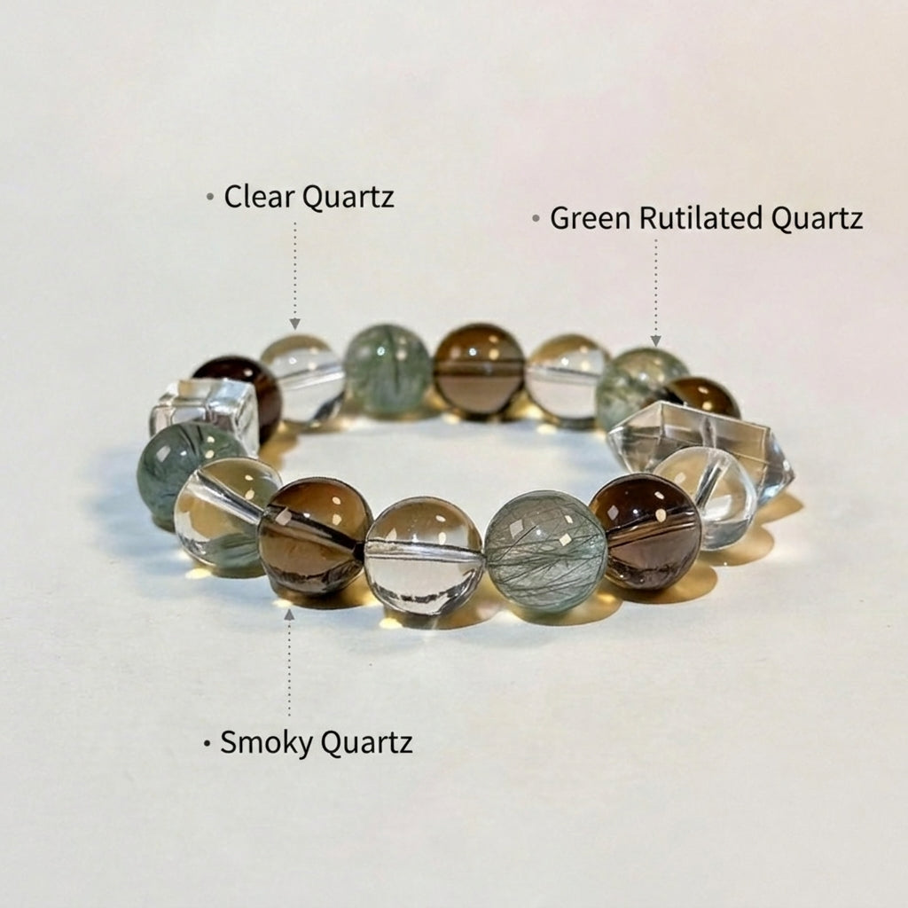 12mm-Natural Green Rutilated Quartz Crystal Bracelet, Smoky & Clear Quartz Gemstone, Grounding & Wealth Manifestation Talisman
