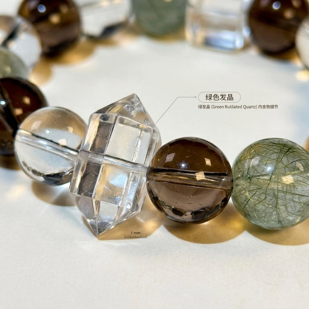 12mm-Natural Green Rutilated Quartz Crystal Bracelet, Smoky & Clear Quartz Gemstone, Grounding & Wealth Manifestation Talisman