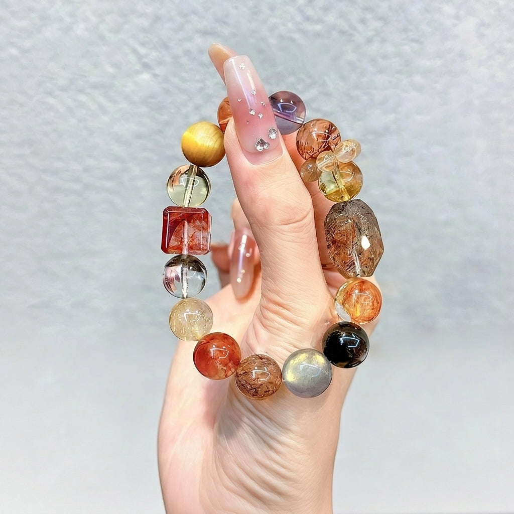 12mm Natural Crystal Bracelet for Abundance, Black Gold Super Seven, Golden Rutilated, Citrine, Hematoid Quartz Chakra Healing Jewelry