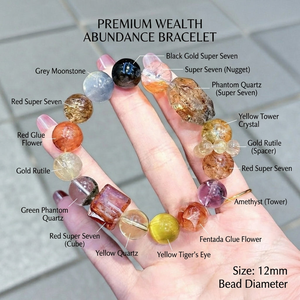 12mm Natural Crystal Bracelet for Abundance, Black Gold Super Seven, Golden Rutilated, Citrine, Hematoid Quartz Chakra Healing Jewelry