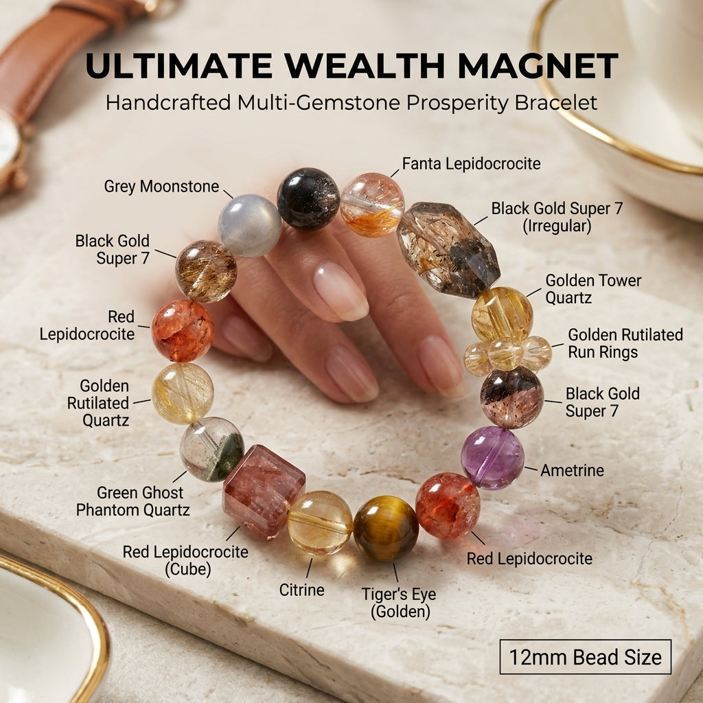 12mm Natural Crystal Bracelet for Abundance, Black Gold Super Seven, Golden Rutilated, Citrine, Hematoid Quartz Chakra Healing Jewelry