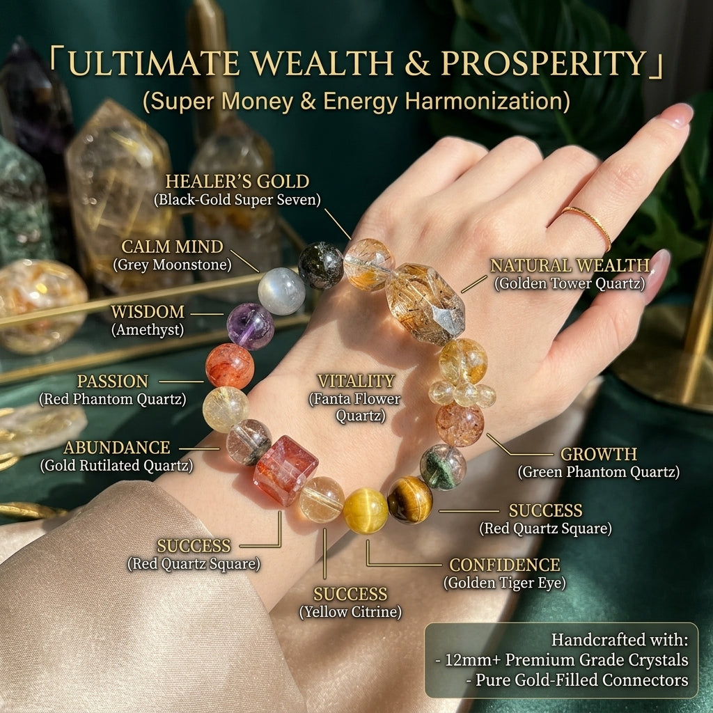 12mm Natural Crystal Bracelet for Abundance, Black Gold Super Seven, Golden Rutilated, Citrine, Hematoid Quartz Chakra Healing Jewelry