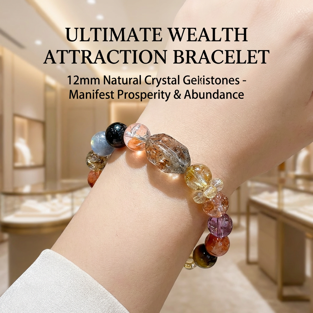 12mm Natural Crystal Bracelet for Abundance, Black Gold Super Seven, Golden Rutilated, Citrine, Hematoid Quartz Chakra Healing Jewelry