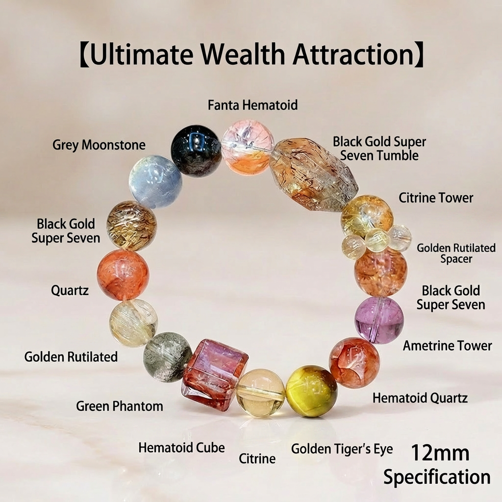12mm Natural Crystal Bracelet for Abundance, Black Gold Super Seven, Golden Rutilated, Citrine, Hematoid Quartz Chakra Healing Jewelry