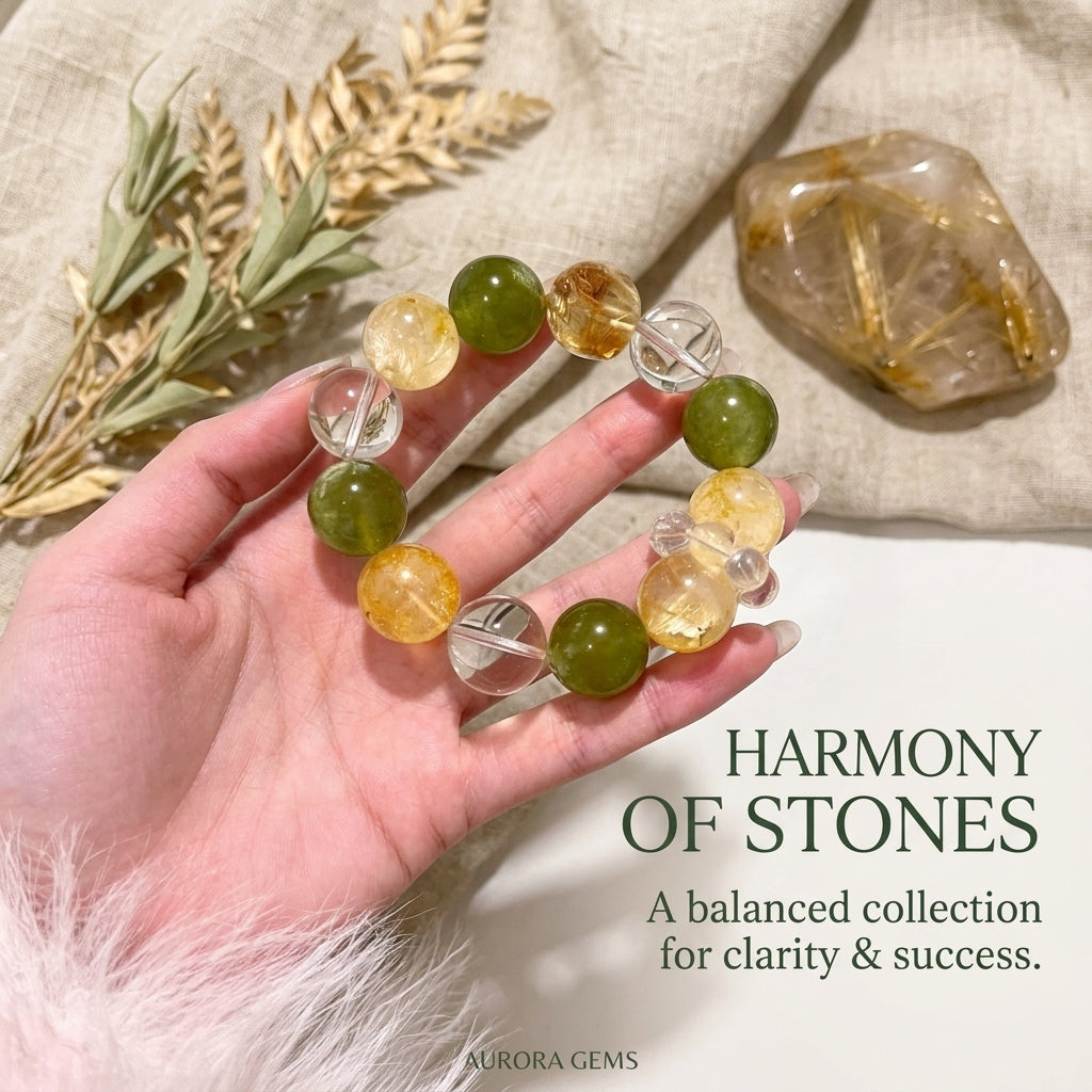 14mm Natural Crystal Bracelet, Yellow Hematoid Quartz & Citrine, Green Xiuyan Jade Healing Stones, Prosperity & Luck Talisman for Women