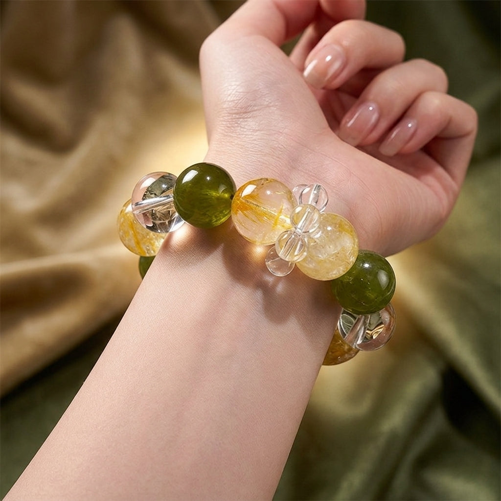 14mm Natural Crystal Bracelet, Yellow Hematoid Quartz & Citrine, Green Xiuyan Jade Healing Stones, Prosperity & Luck Talisman for Women
