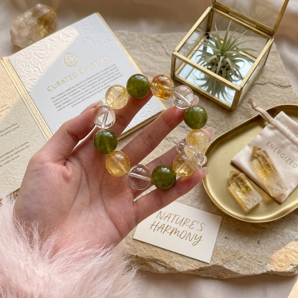 14mm Natural Crystal Bracelet, Yellow Hematoid Quartz & Citrine, Green Xiuyan Jade Healing Stones, Prosperity & Luck Talisman for Women