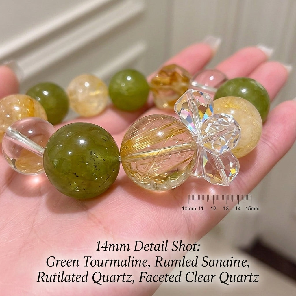 14mm Natural Crystal Bracelet, Yellow Hematoid Quartz & Citrine, Green Xiuyan Jade Healing Stones, Prosperity & Luck Talisman for Women