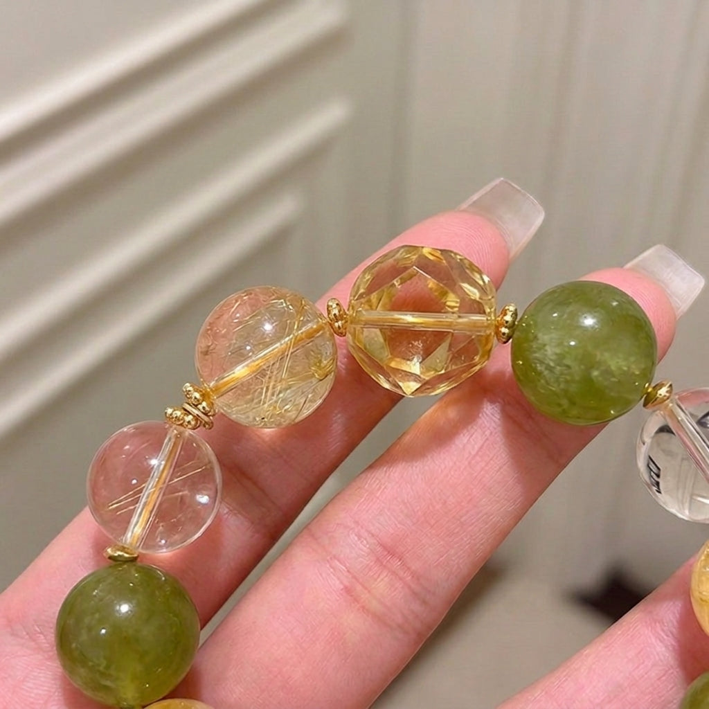 14mm Natural Crystal Bracelet, Yellow Hematoid Quartz & Citrine, Green Xiuyan Jade Healing Stones, Prosperity & Luck Talisman for Women