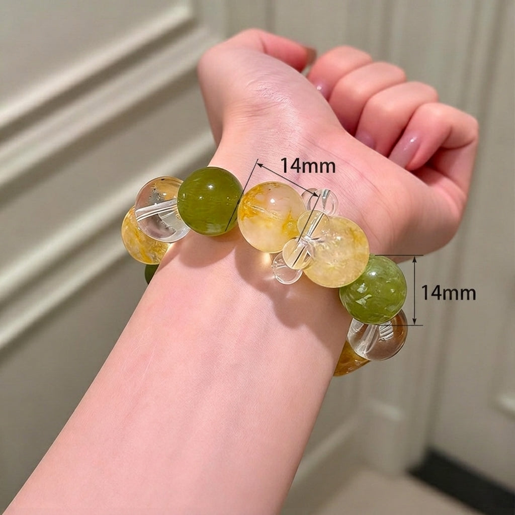 14mm Natural Crystal Bracelet, Yellow Hematoid Quartz & Citrine, Green Xiuyan Jade Healing Stones, Prosperity & Luck Talisman for Women