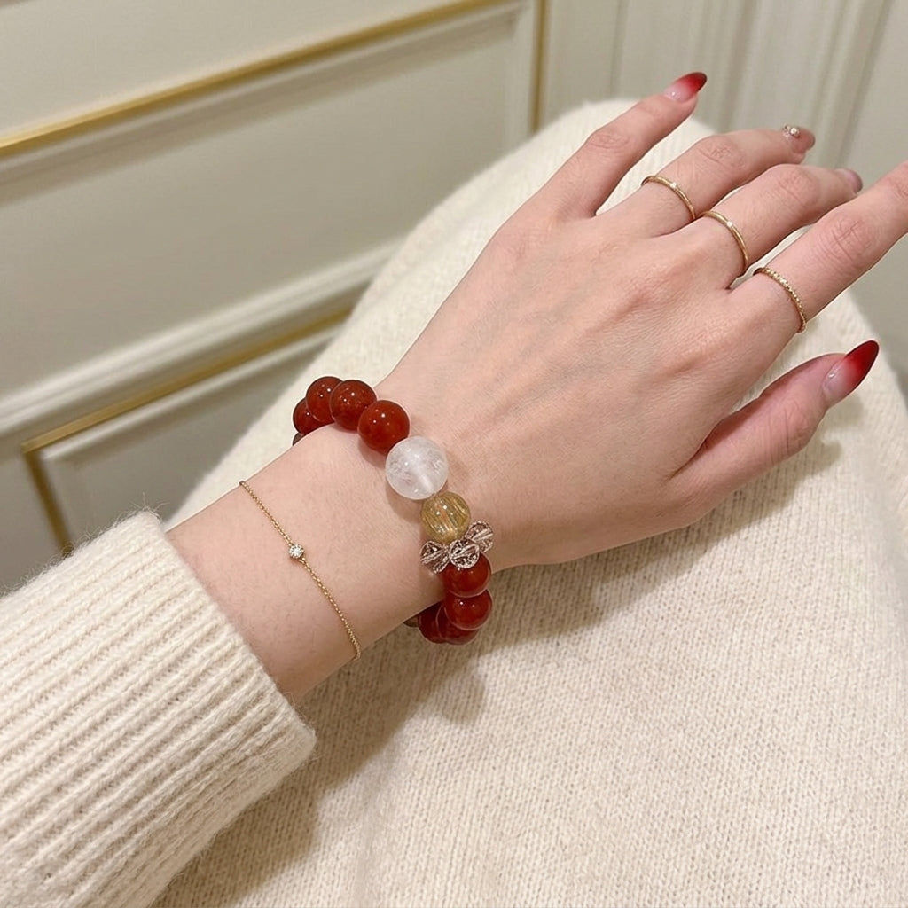 10mm-Natural Red Agate & Super Seven Crystal Beaded Healing Bracelet