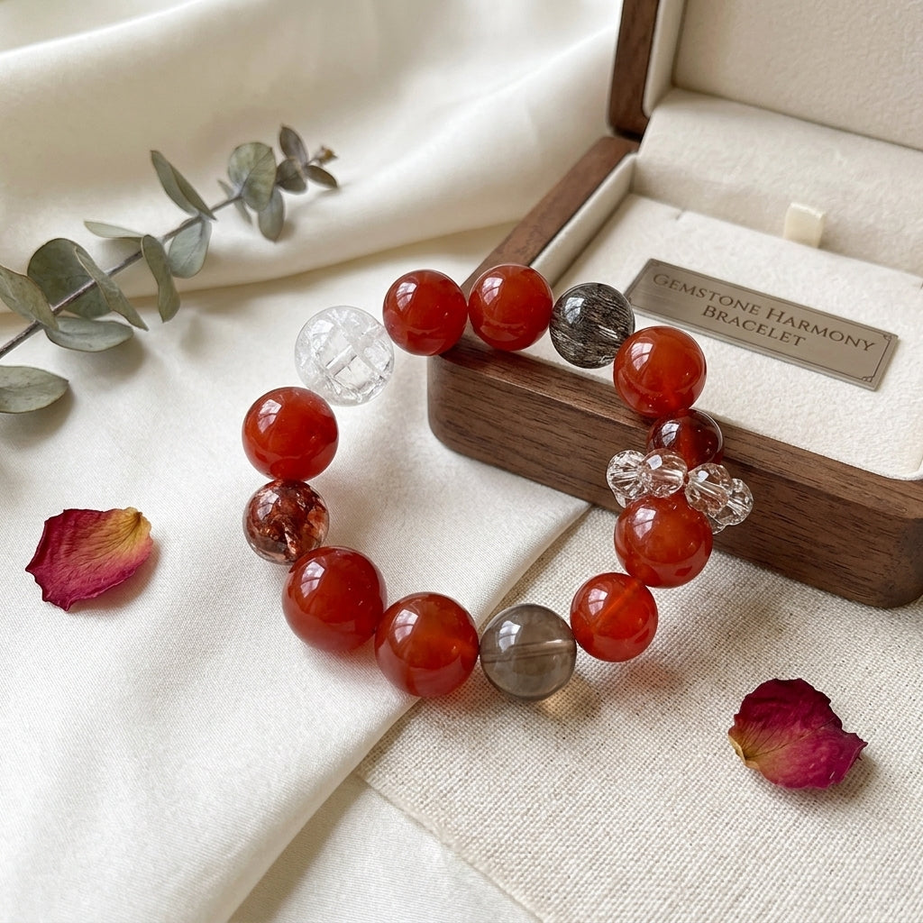 10mm-Natural Red Agate & Super Seven Crystal Beaded Healing Bracelet
