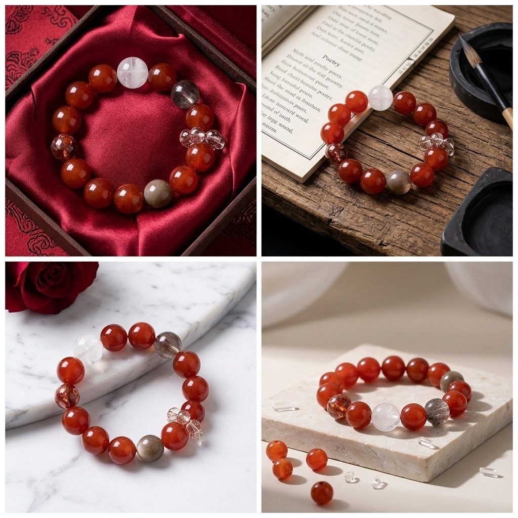 10mm-Natural Red Agate & Super Seven Crystal Beaded Healing Bracelet