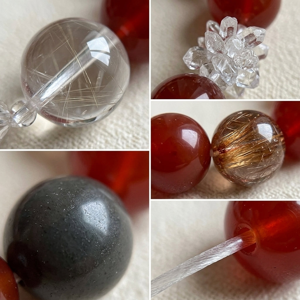 10mm-Natural Red Agate & Super Seven Crystal Beaded Healing Bracelet