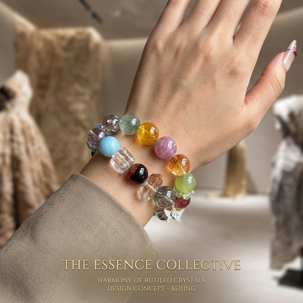 16mm Oversized Natural Multi-Gemstone & Rutilated Quartz Bracelet