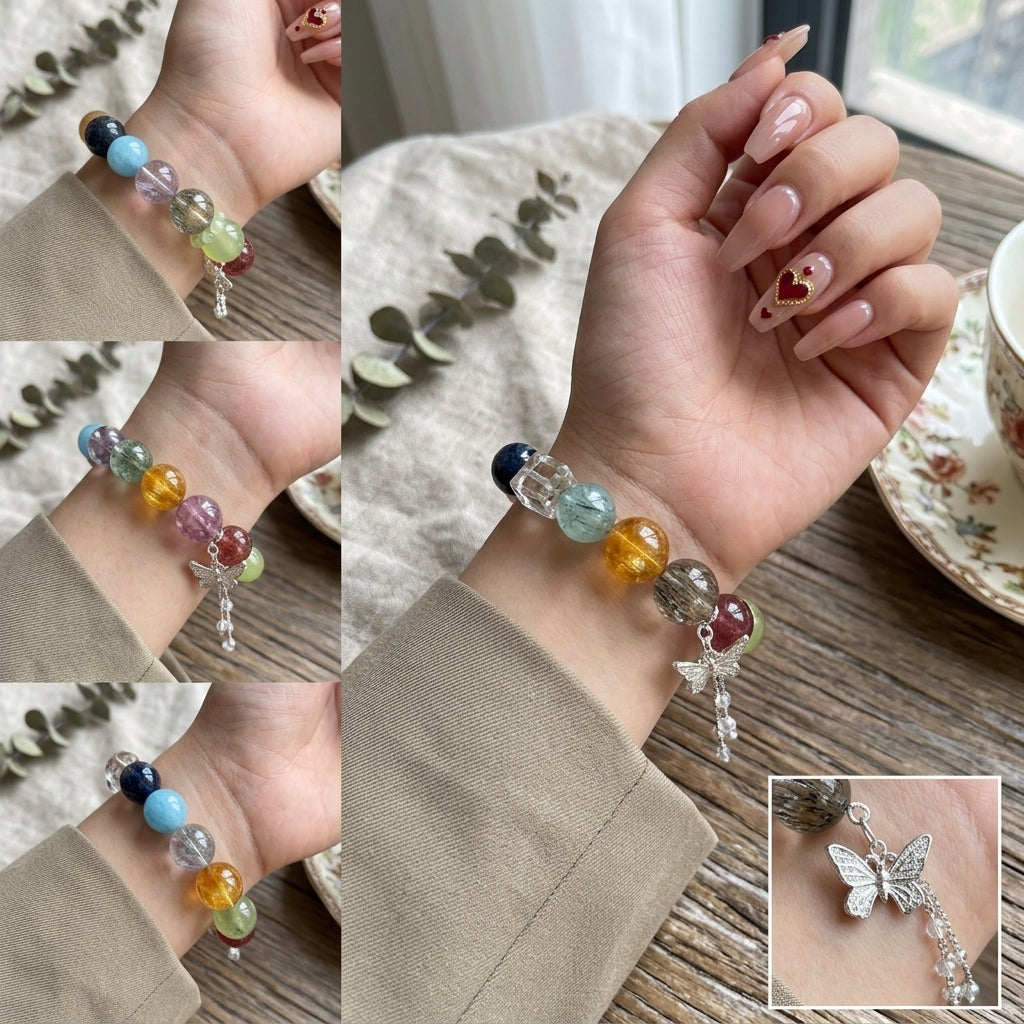 16mm Oversized Natural Multi-Gemstone & Rutilated Quartz Bracelet