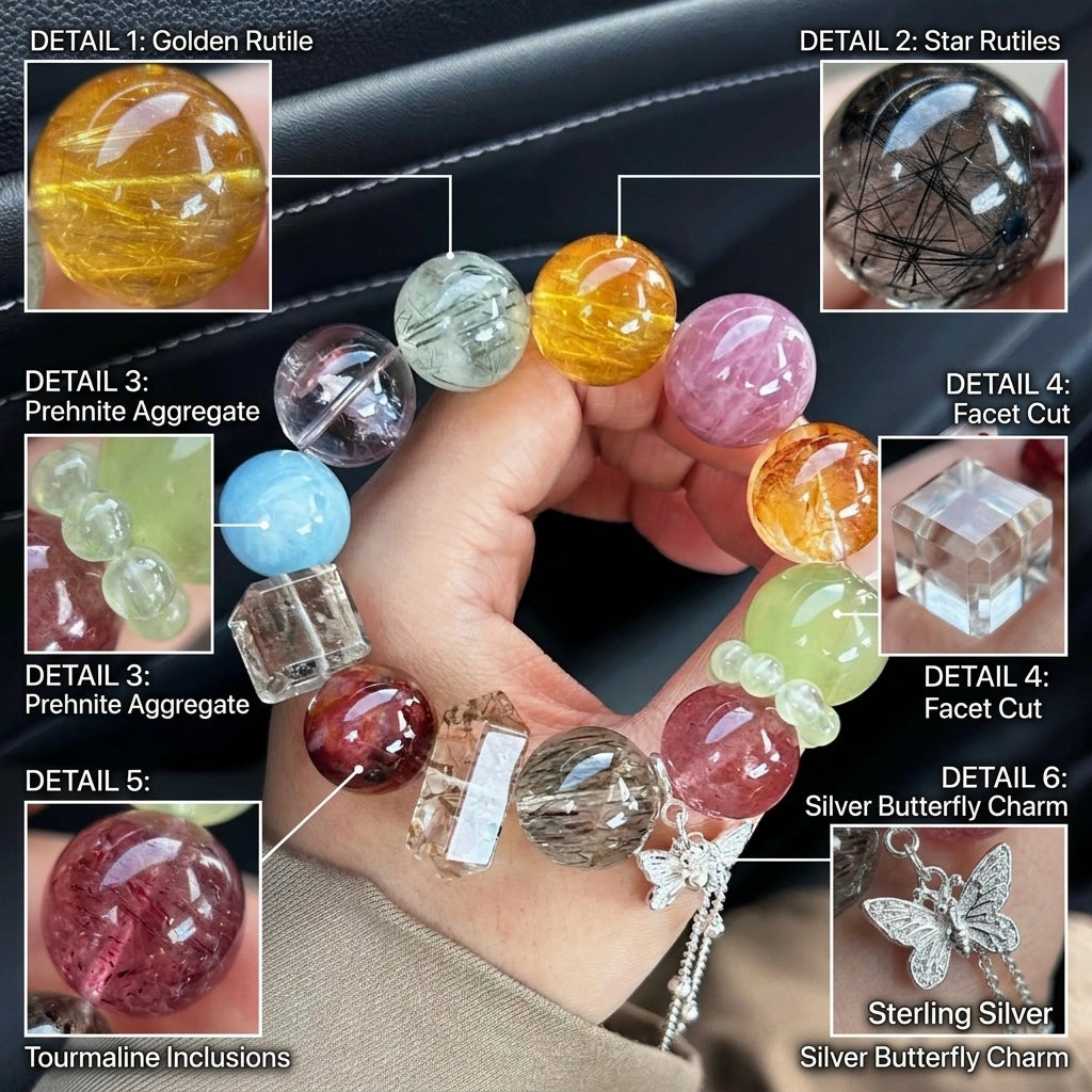 16mm Oversized Natural Multi-Gemstone & Rutilated Quartz Bracelet