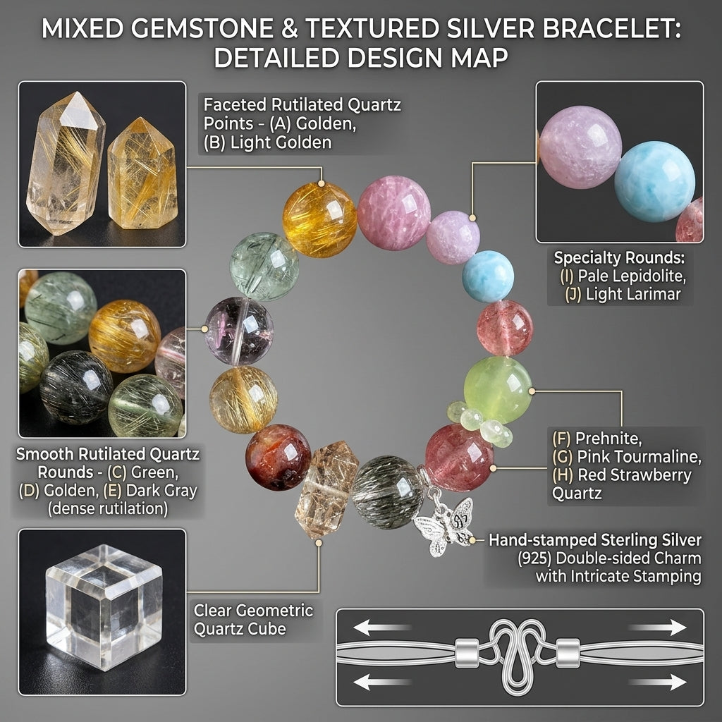 16mm Oversized Natural Multi-Gemstone & Rutilated Quartz Bracelet