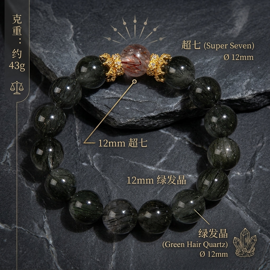 Natural 12mm Green Rutilated Quartz & Super Seven Crystal Wealth Bracelet
