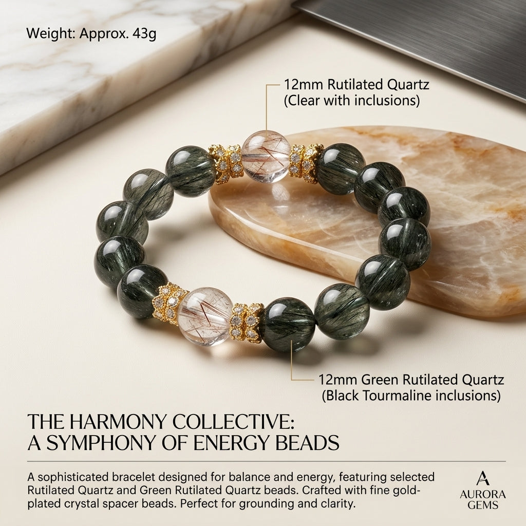 Natural 12mm Green Rutilated Quartz & Super Seven Crystal Wealth Bracelet