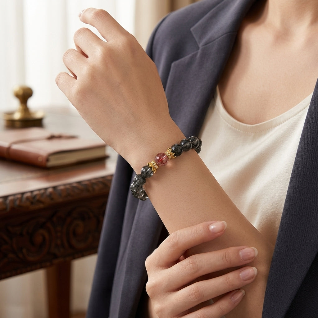 Natural 12mm Green Rutilated Quartz & Super Seven Crystal Wealth Bracelet