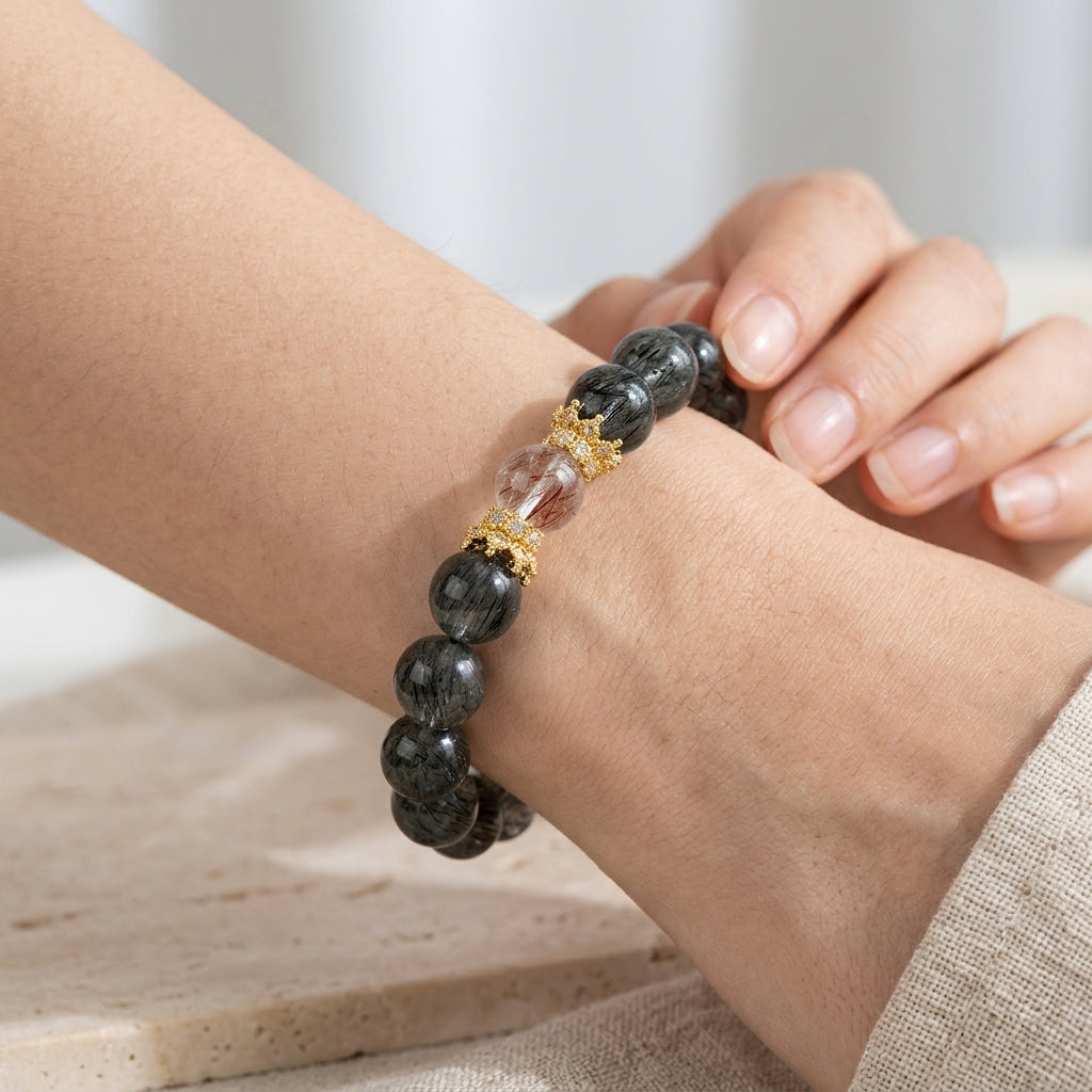 Natural 12mm Green Rutilated Quartz & Super Seven Crystal Wealth Bracelet