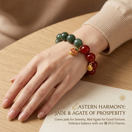 10mm Natural Red Agate & Green Rutilated Quartz Fortune Bracelet