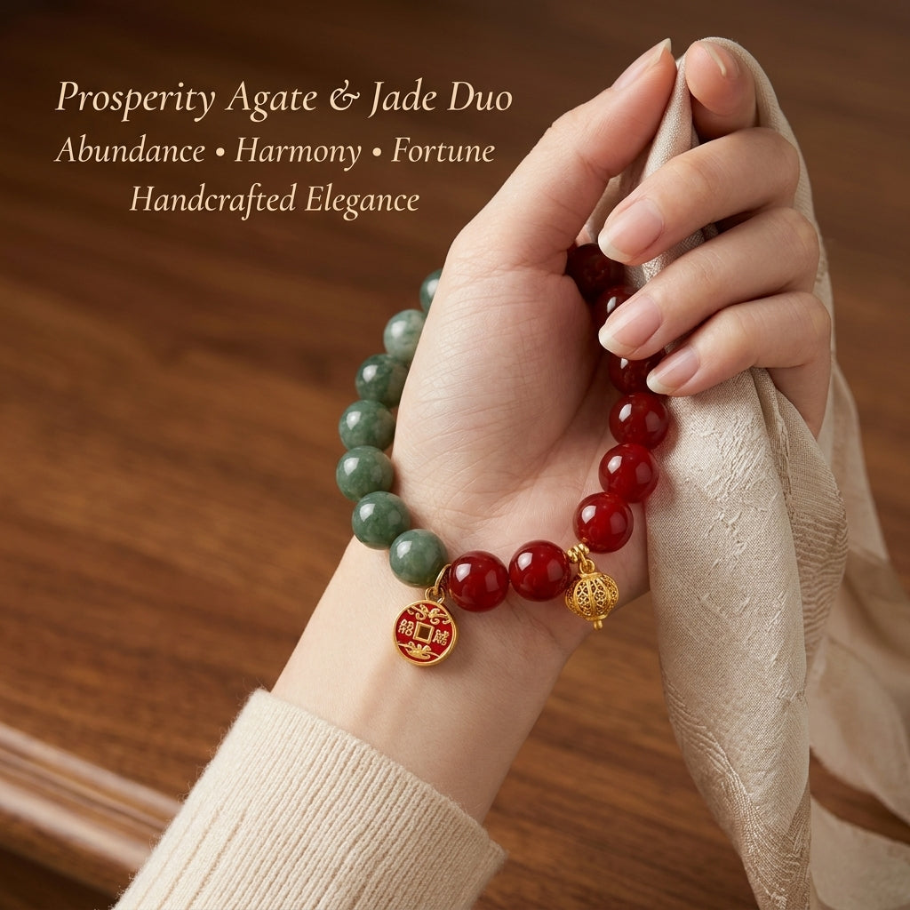 10mm Natural Red Agate & Green Rutilated Quartz Fortune Bracelet