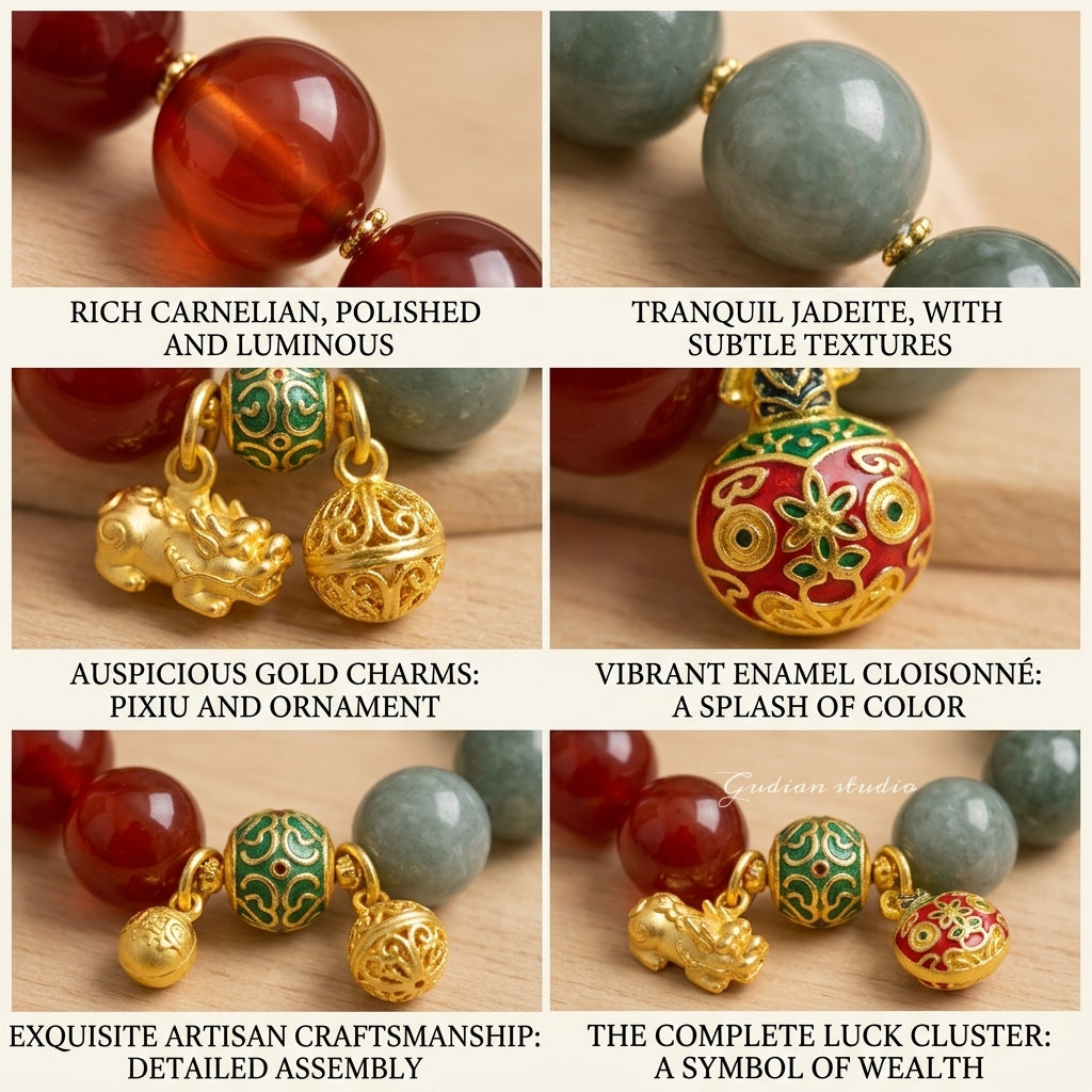 10mm Natural Red Agate & Green Rutilated Quartz Fortune Bracelet