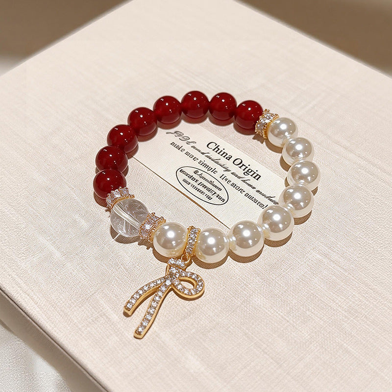 Authentic Red Agate Bracelet, Natural Clear Quartz & Pearl Aesthetic Wristlet, Root Chakra Healing Stone, Gift for Women, Spiritual Protection Talisman